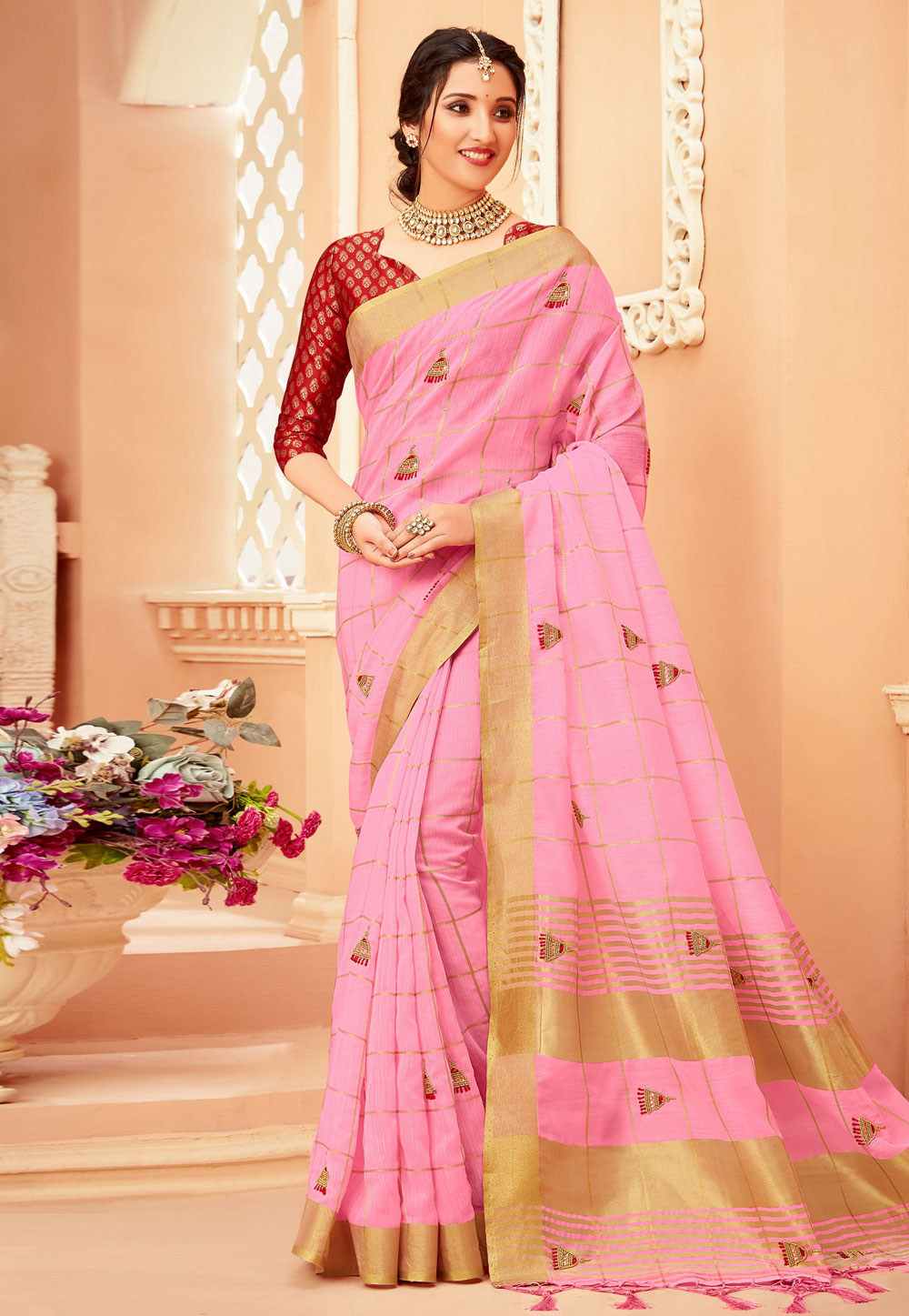 Pink Cotton Saree With Blouse 250008