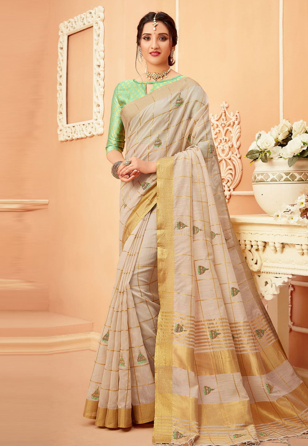 Beige Cotton Saree With Blouse 250009