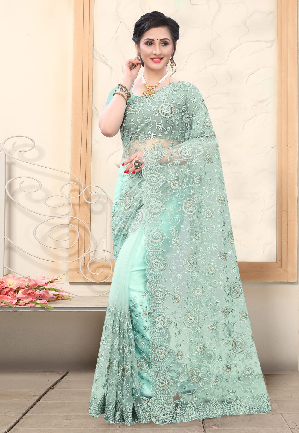 Sea Green Net Saree With Blouse 217286