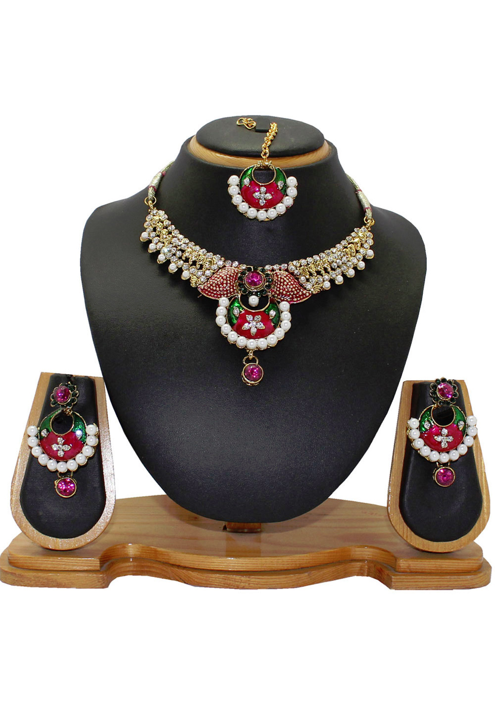 Pink Alloy Austrian Diamonds Necklace With Earrings and Maang Tikka 64333