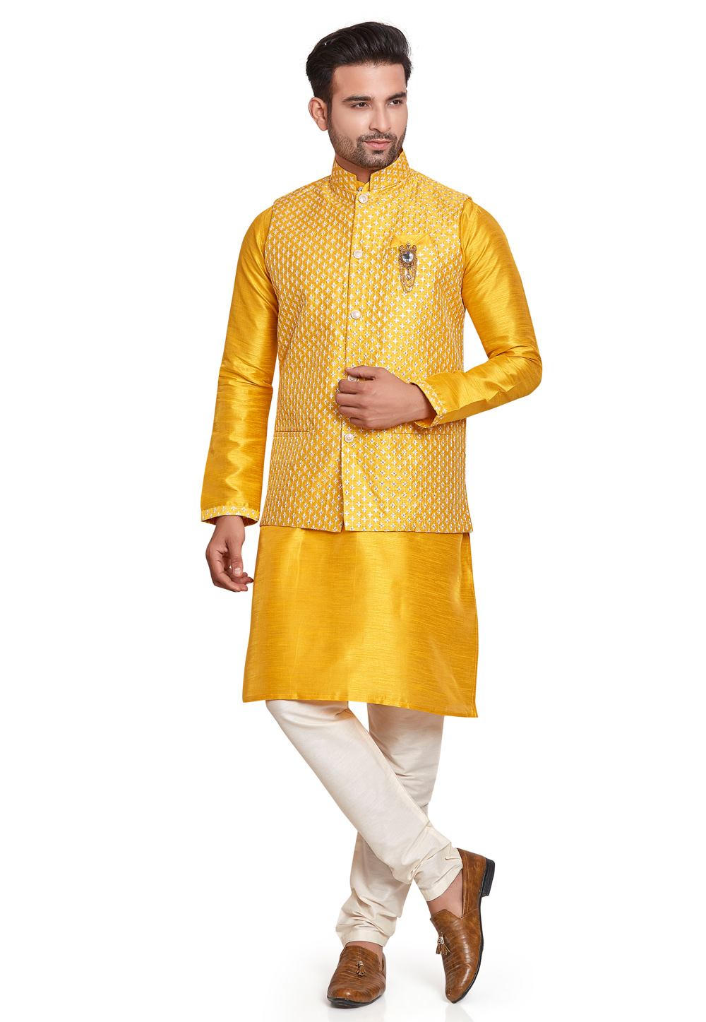 Yellow Silk Kurta Pajama With Jacket 248483