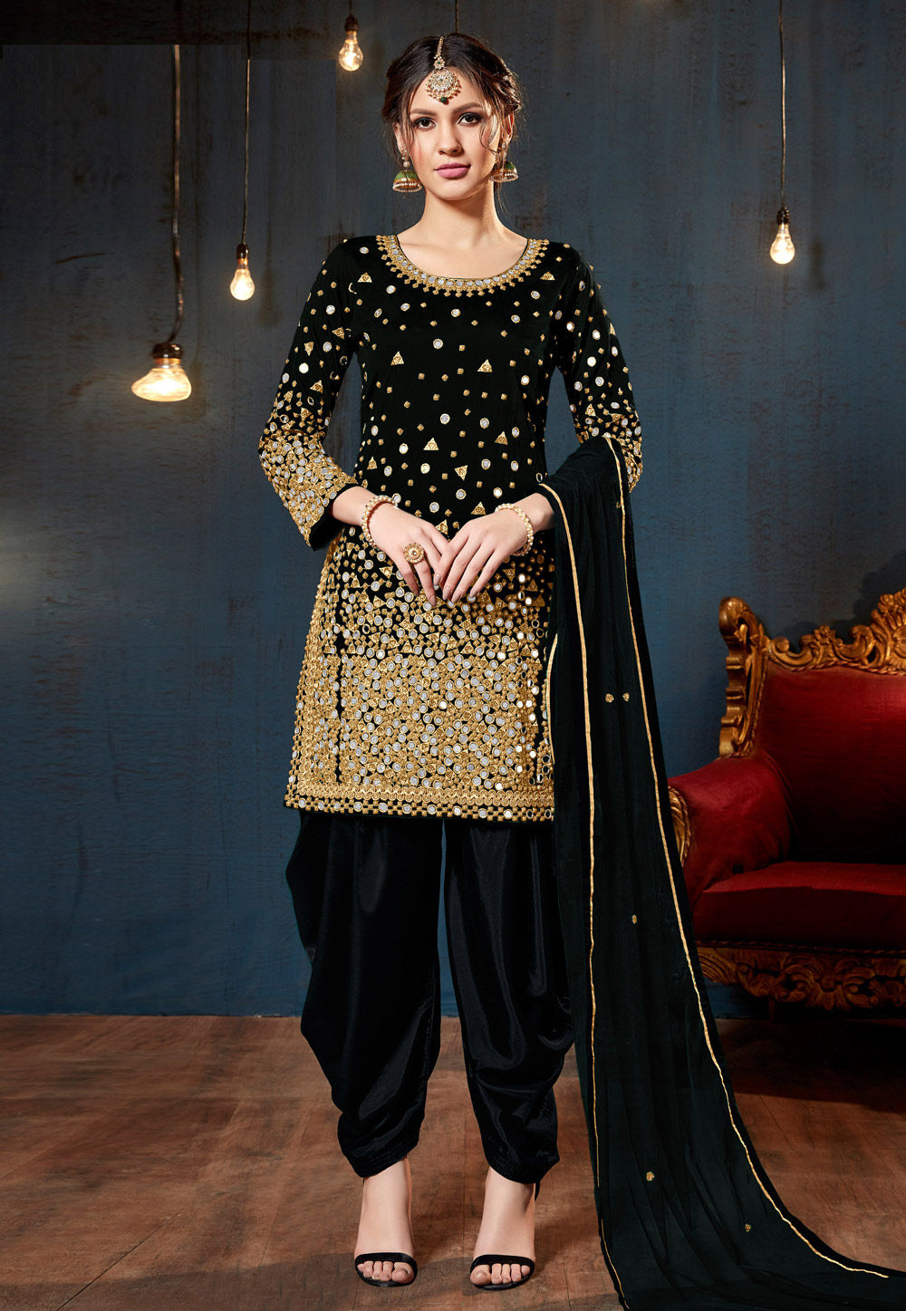 Black Taffeta Embroidered Punjabi Suit 165328