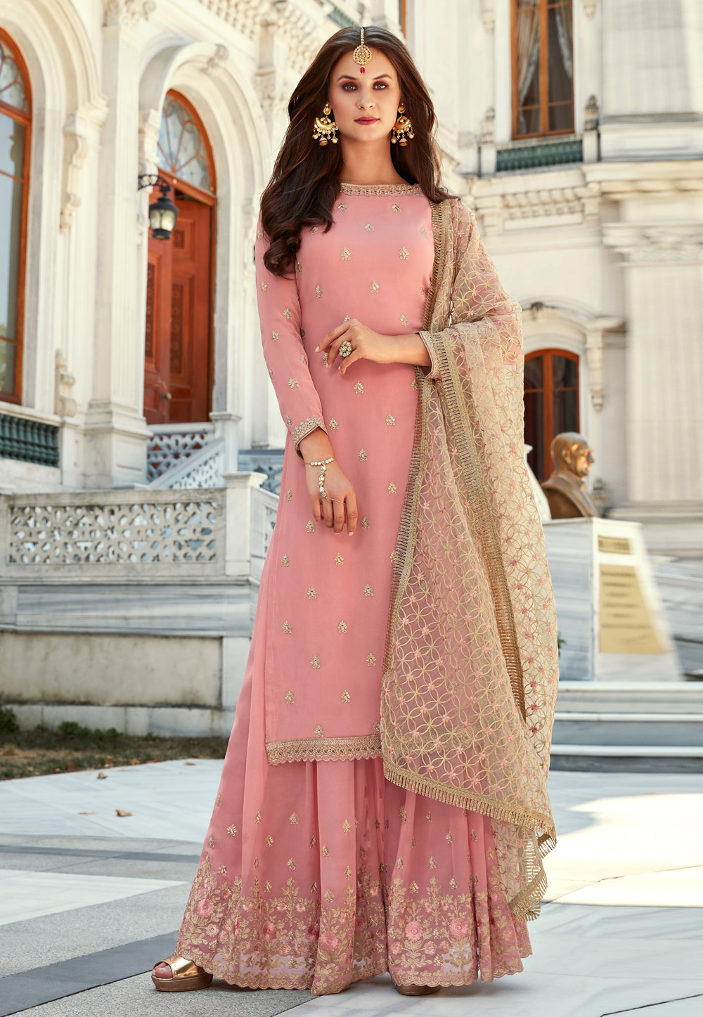 Pink Georgette Embroidered Kameez With Palazzo 207806