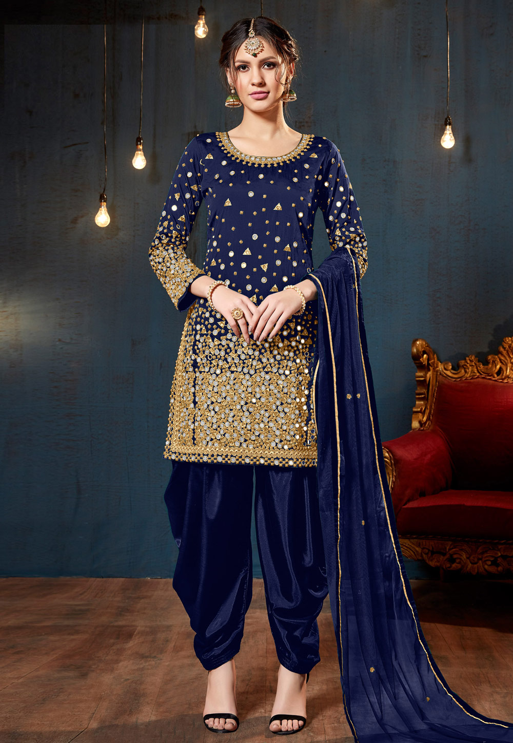 Navy Blue Taffeta Embroidered Patiala Suit 165330