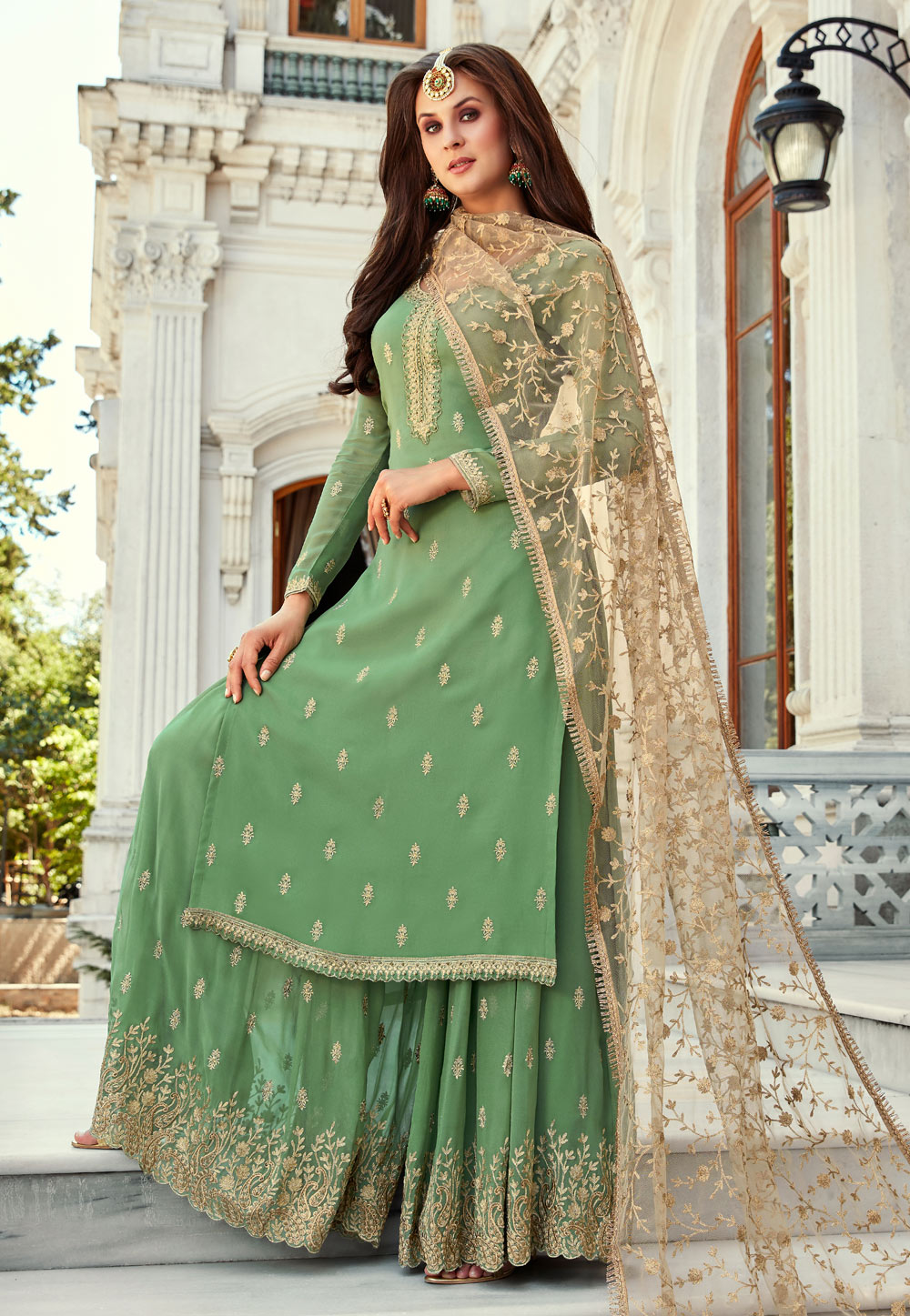 Green Georgette Embroidered Palazzo Suit 207809