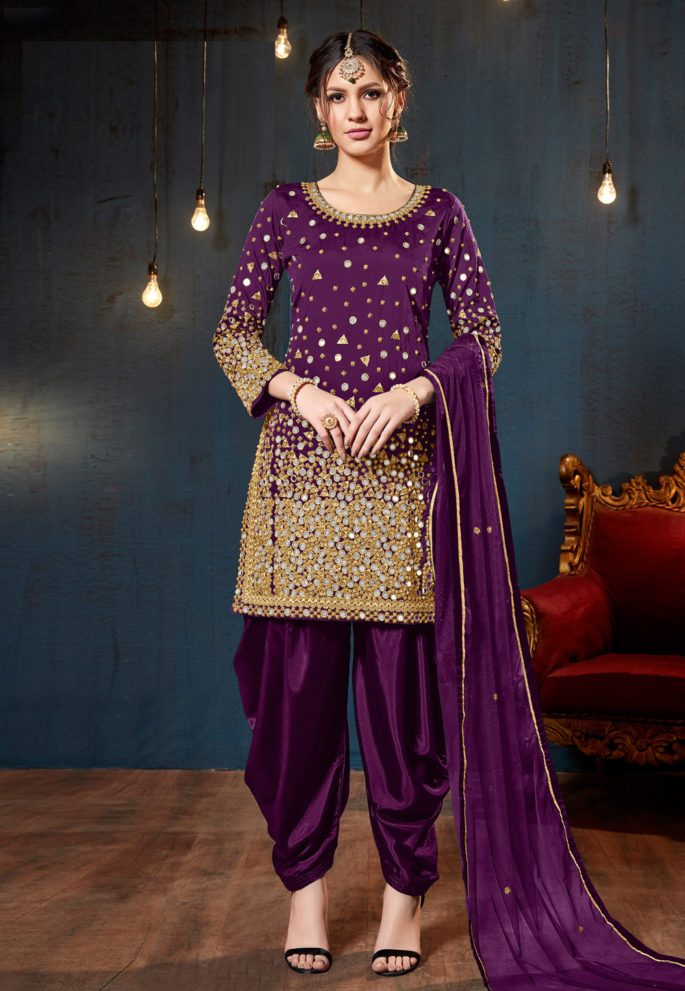 Purple Taffeta Embroidered Patiala Suit 165332