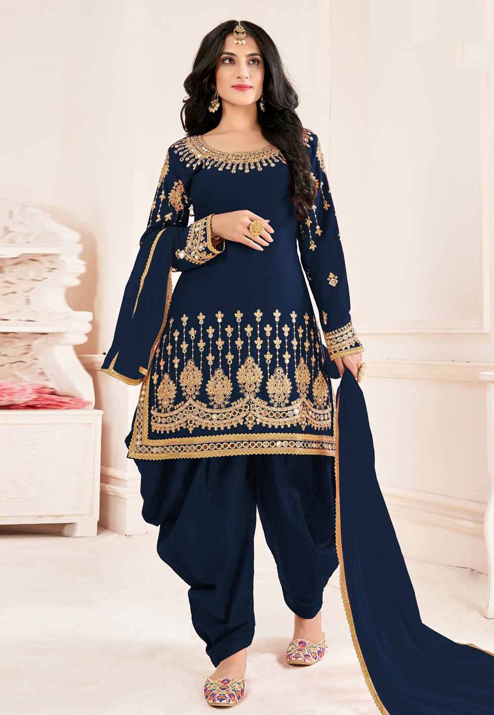 Navy Blue Soft Silk Punjabi Suit 237358