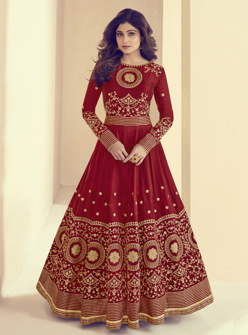 Shamita Shetty Maroon Silk Long Anarkali Suit 142137