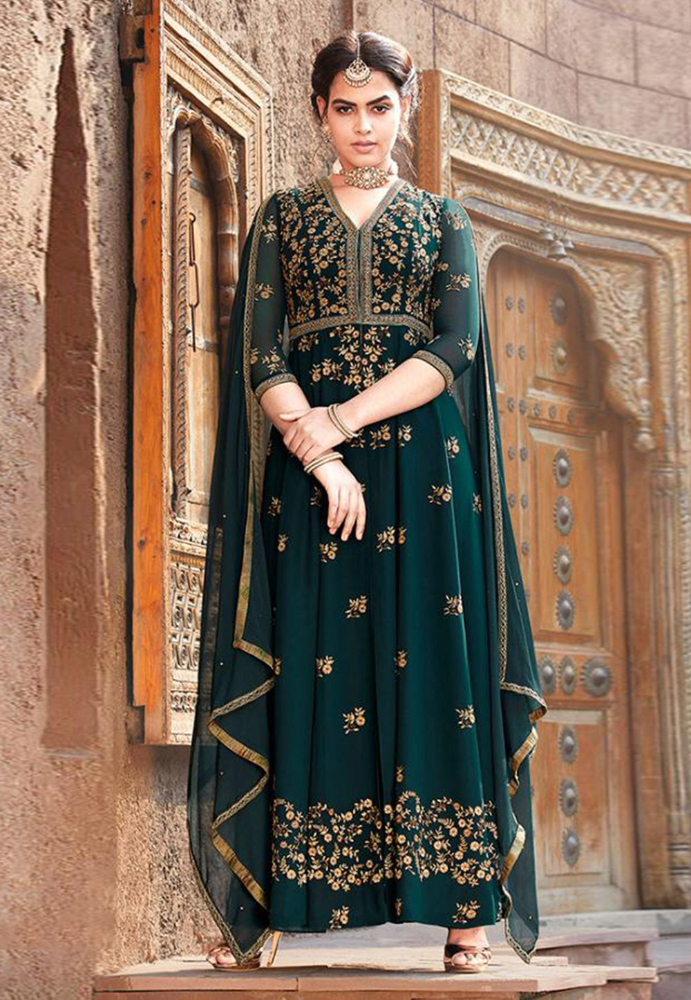 Teal Faux Georgette Embroidered Ankle Length Anarkali Suit 182445