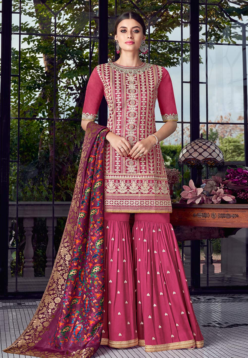 Pink Silk Embroidered Sharara Suit 182588