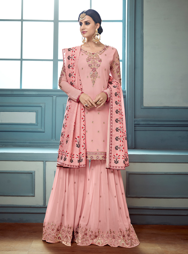 Pink Faux Georgette Sharara Style Suit 142712