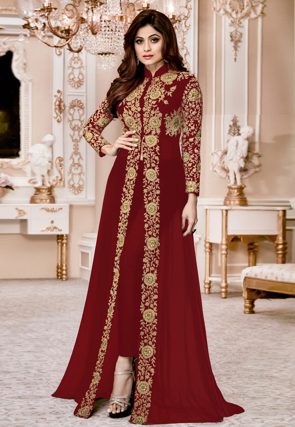 Shamita Shetty Maroon Georgette Center Slit Anarkali Suit 162354