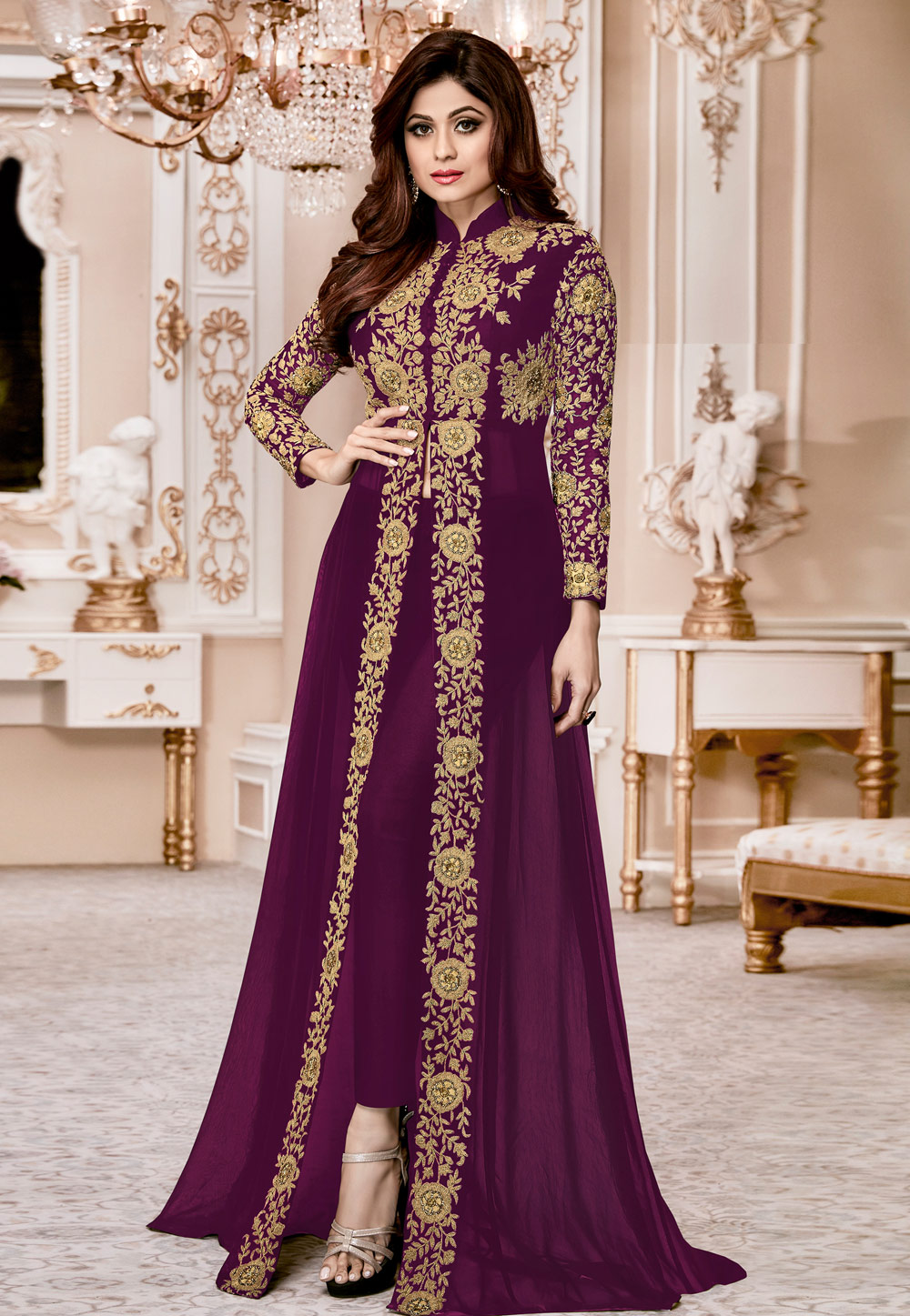 Shamita Shetty Purple Georgette Pant Style Suit 162355