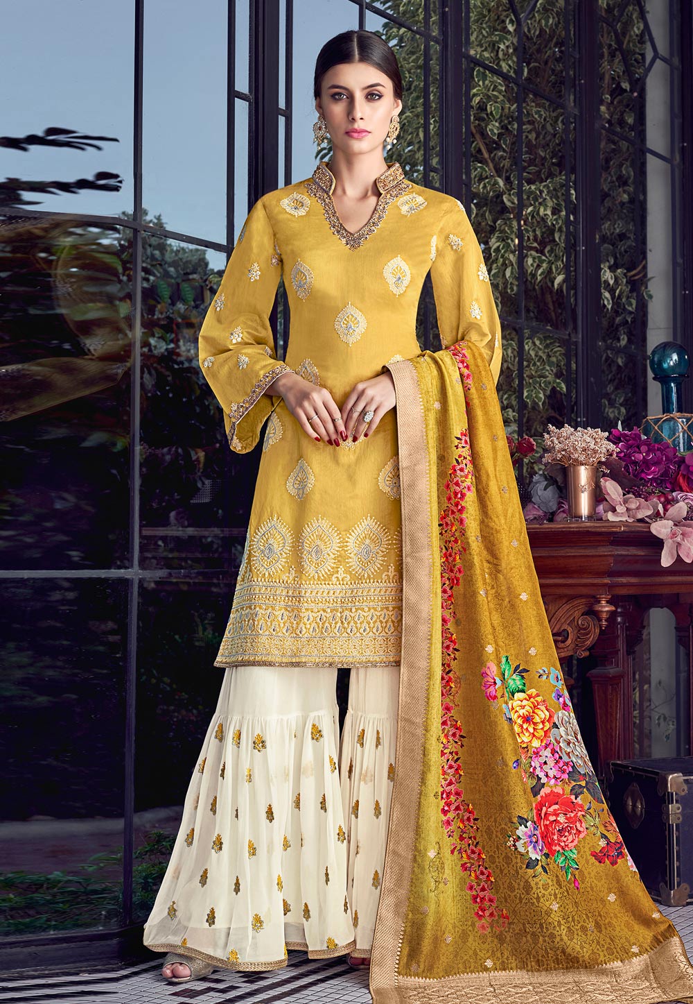 Yellow Silk Embroidered Sharara Suit 182589