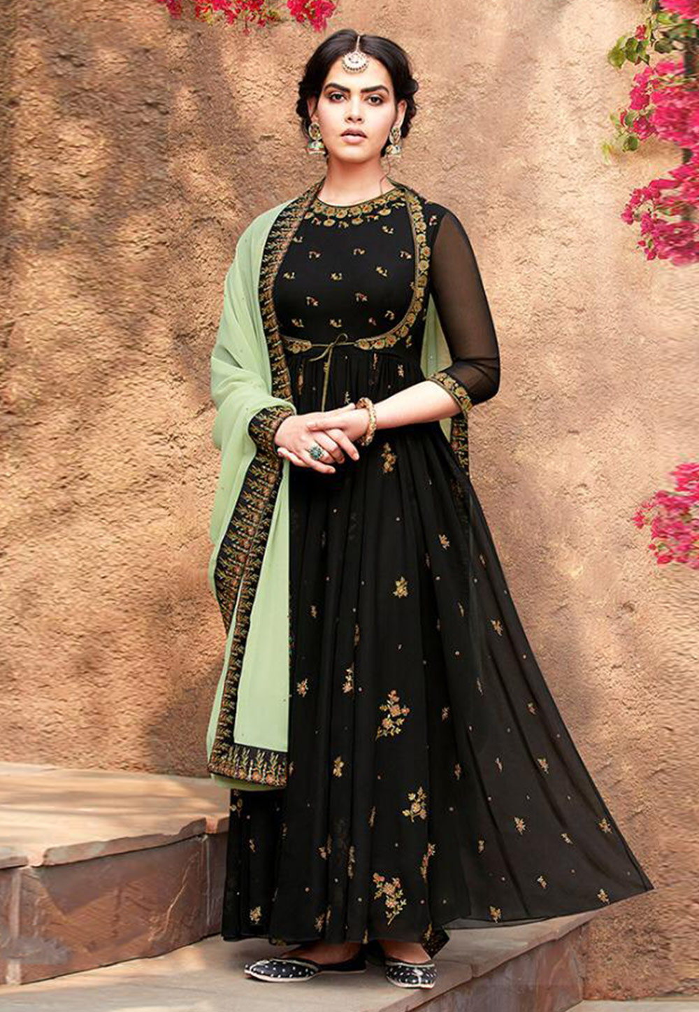 Black Faux Georgette Embroidered Ankle Length Anarkali Suit 182447