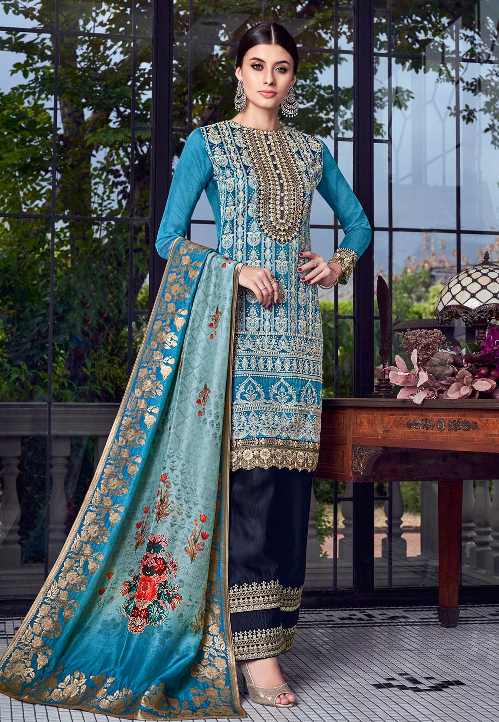 Blue Silk Embroidered Kameez With Palazzo 182590