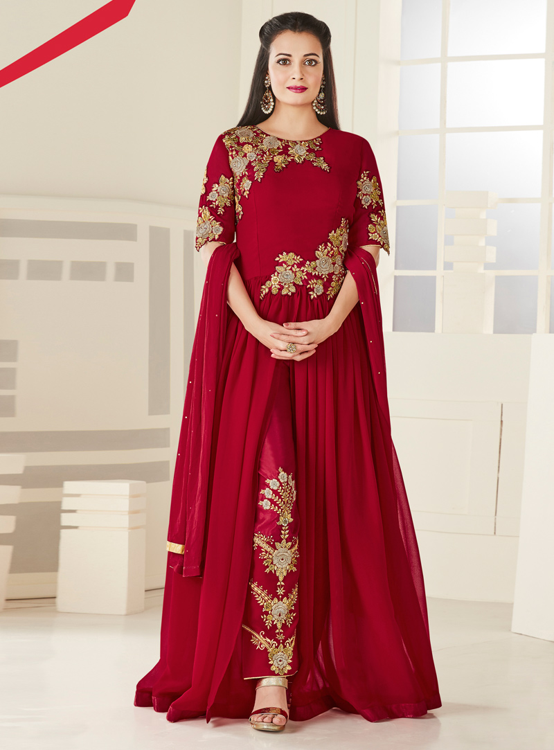 Dia Mirza Red Georgette Center Slit Pant Style Suit 93876