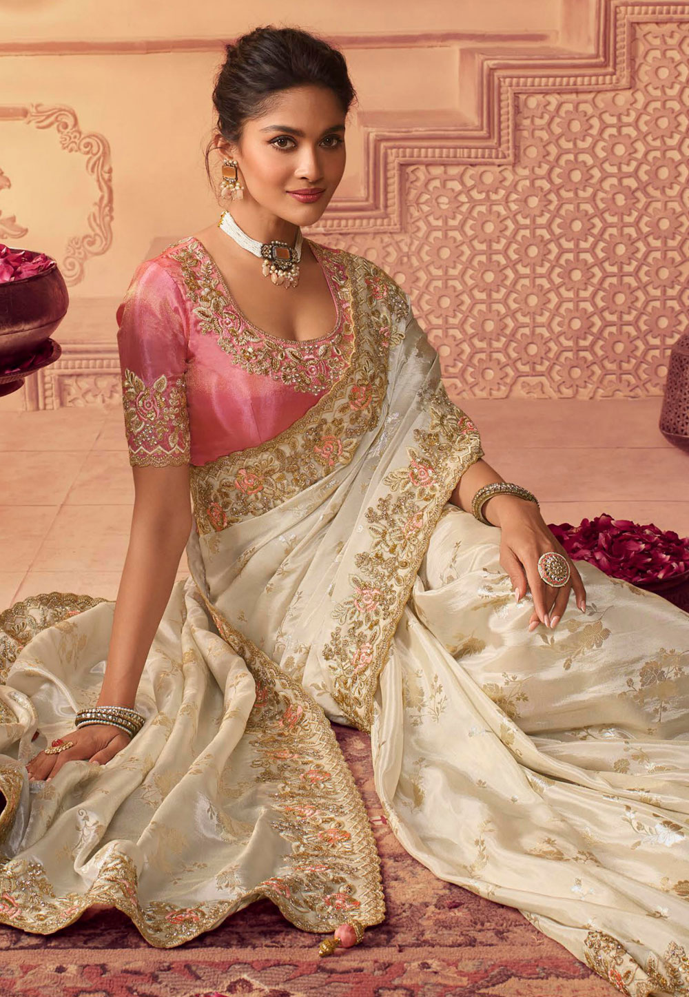 Cream Color Organza Embroidered Saree