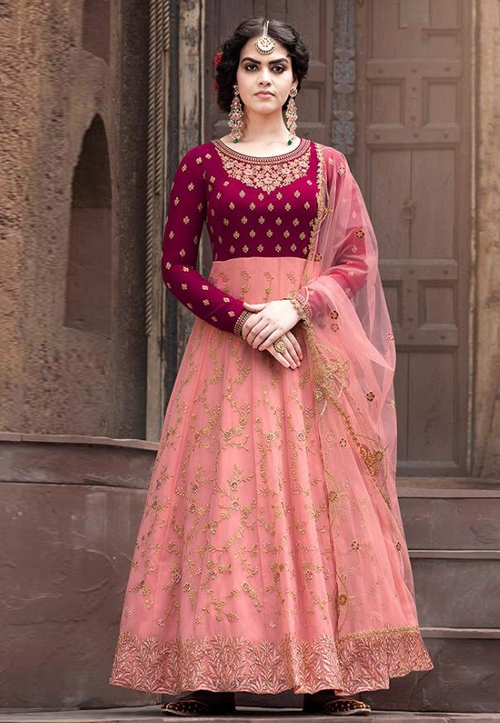 Pink Faux Georgette Embroidered Abaya Style Anarkali Suit 182448