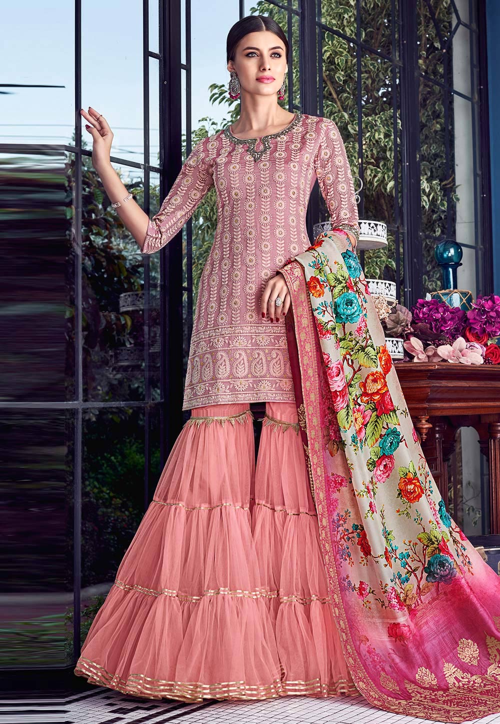 Pink Silk Embroidered Sharara Suit 182591