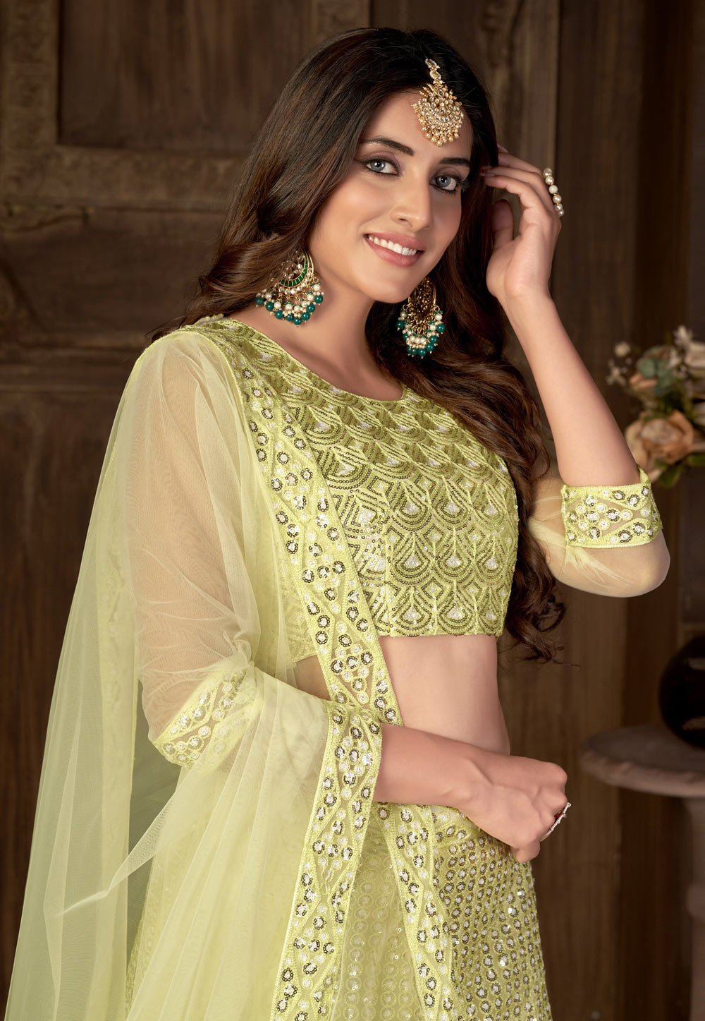 Light green embroidered net semi stitched lehenga - AAHVAN DESIGNS - 4008561