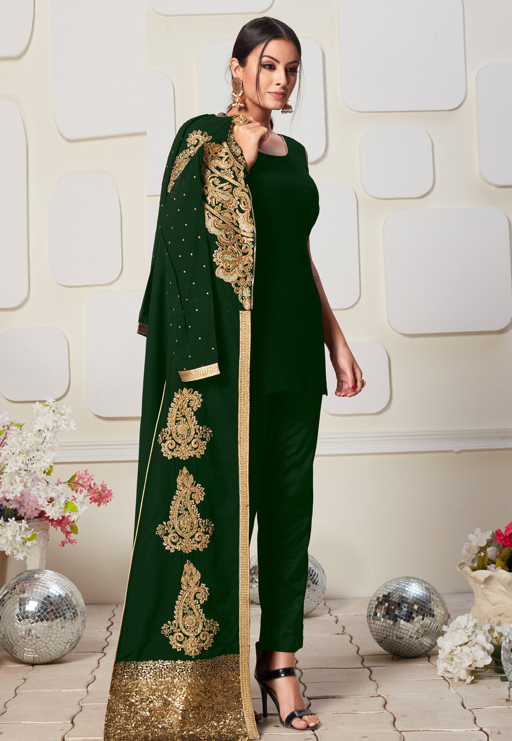 Green Faux Georgette Pant Style Suit 162671