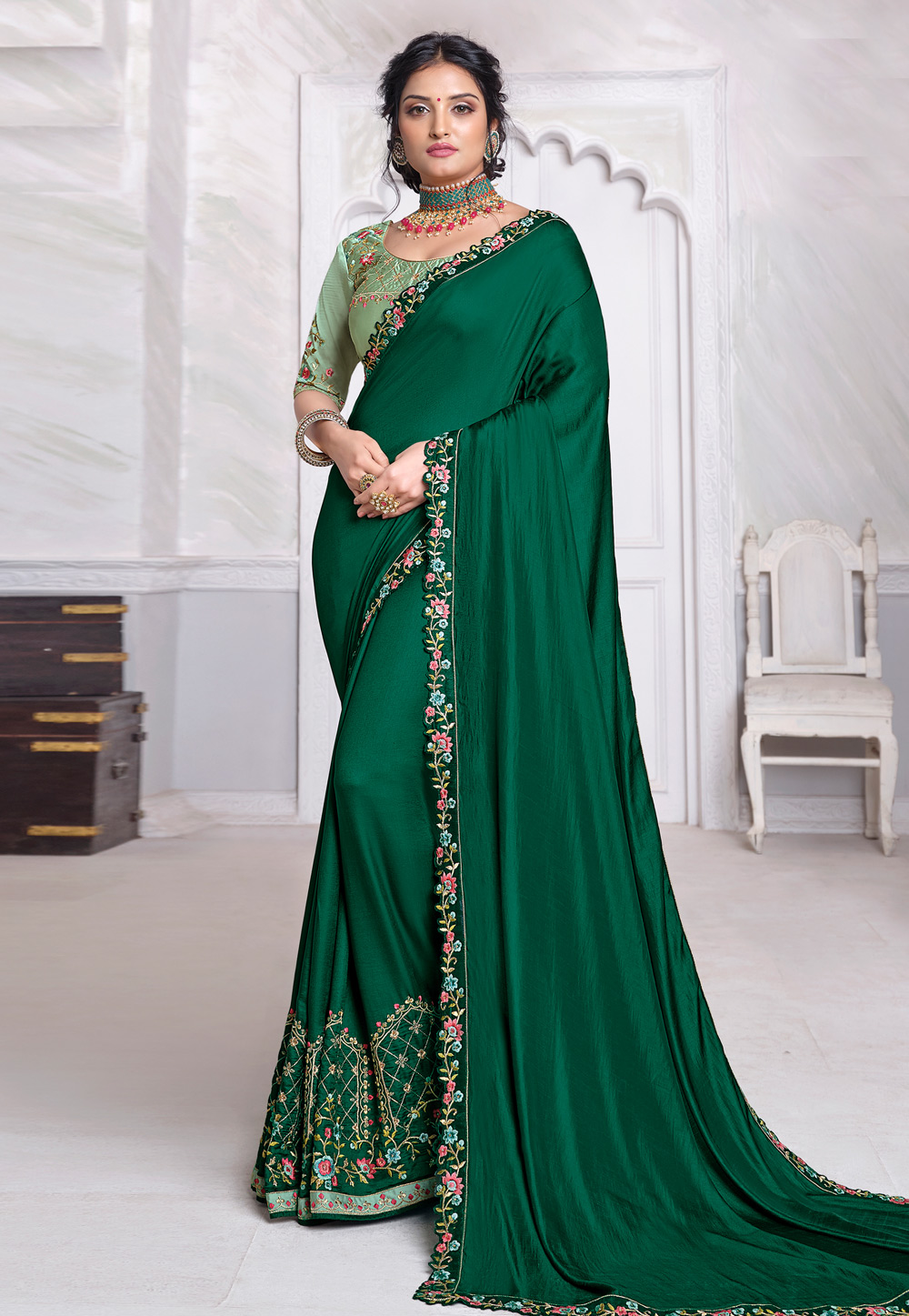 Green Barfi Silk Saree With Blouse 223635