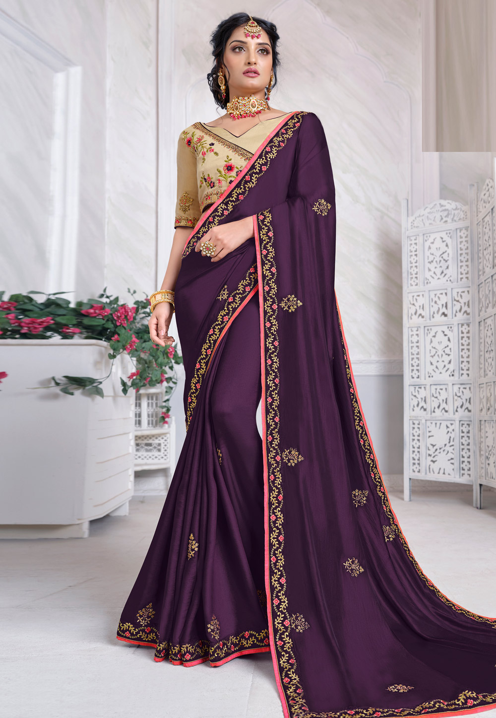 Purple Barfi Silk Party Wear Saree 223640