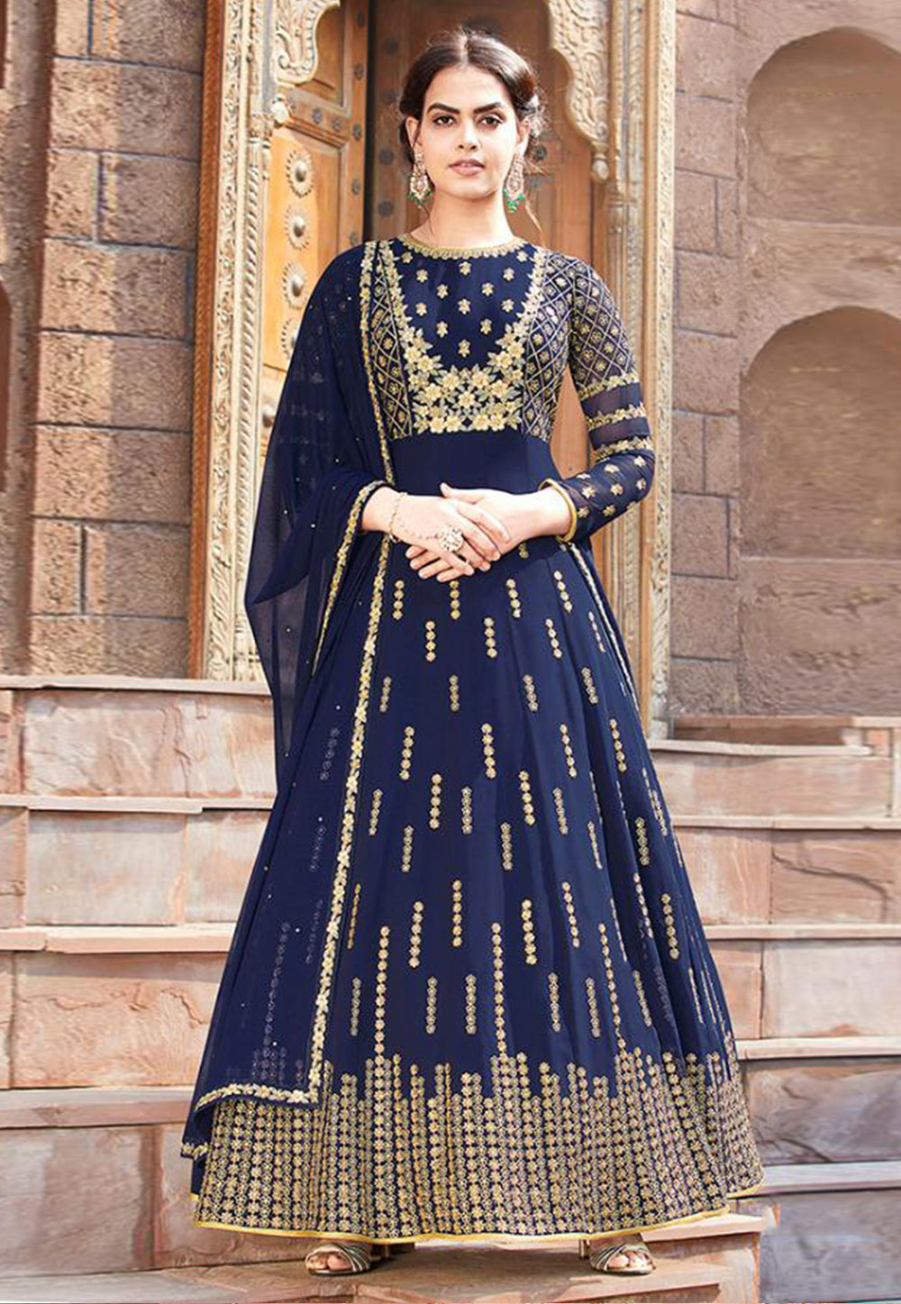 Navy Blue Faux Georgette Embroidered Ankle Length Anarkali Suit 182449