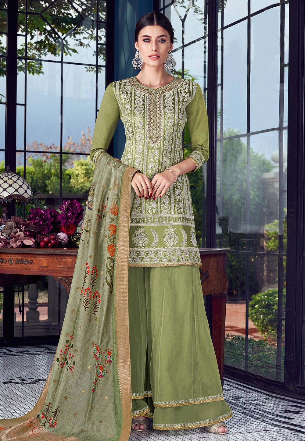 Light Green Silk Embroidered Palazzo Suit 182592