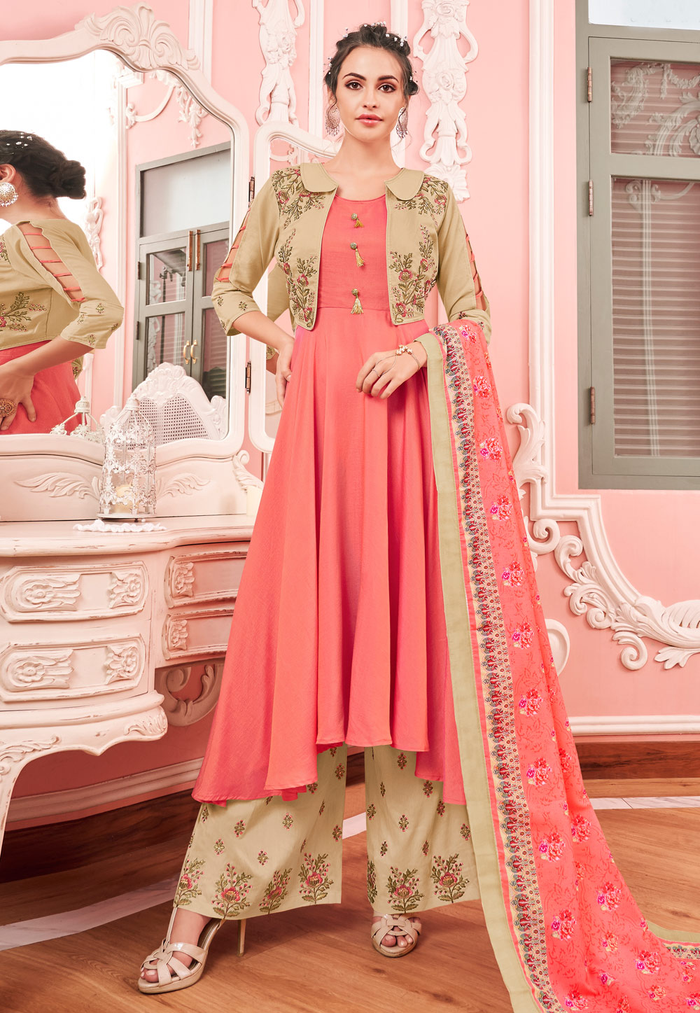 Pink Muslin Readymade Palazzo Suit 204855