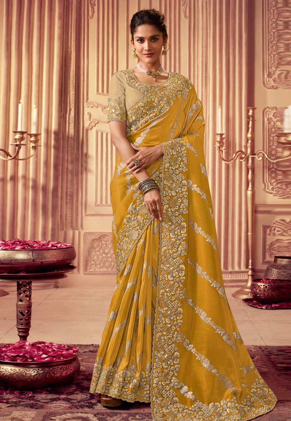 Mustard Yellow Bandhej Printed Brasso Silk Saree – Bahuji - Premium Silk  Sarees Online Shopping Store