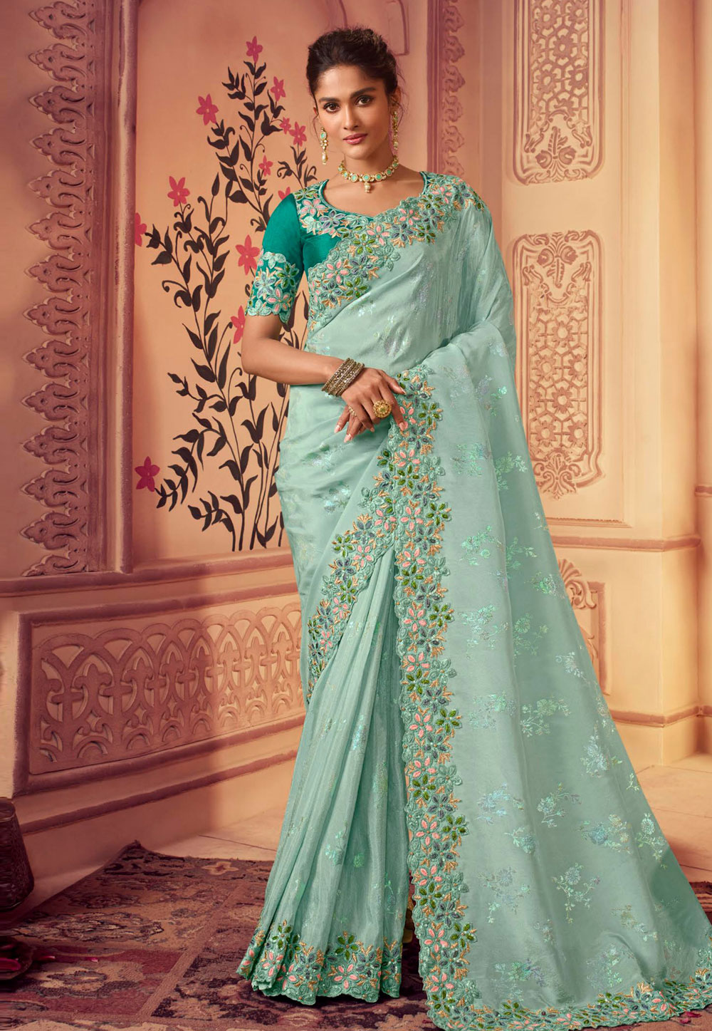 Sea Green Chinon Saree With Blouse 265183
