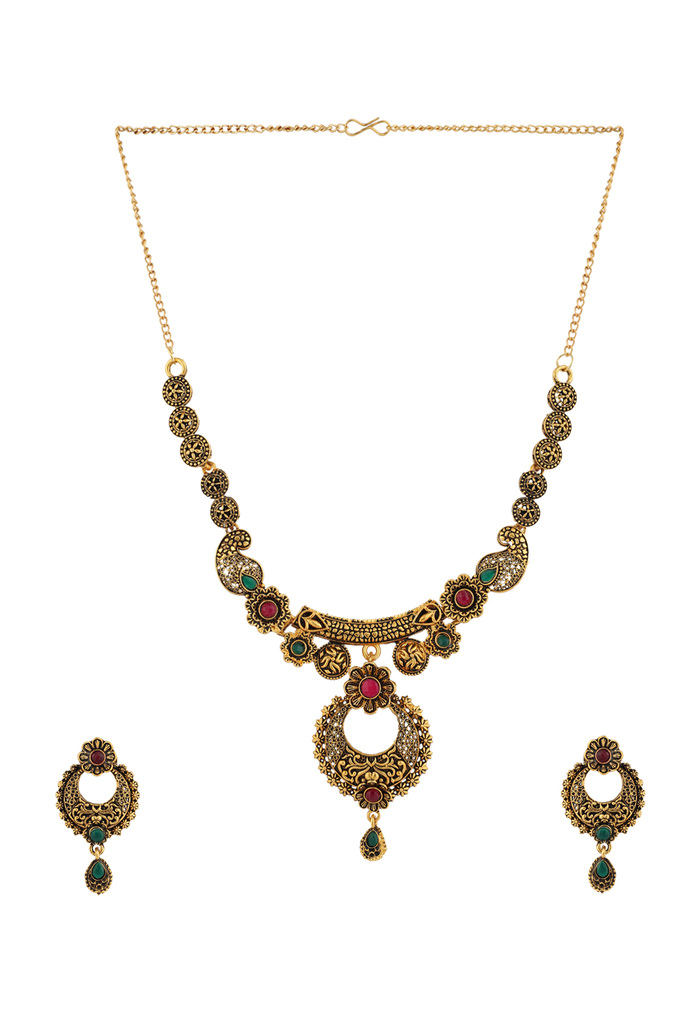 Golden Alloy Necklace Set With Earrings 224612