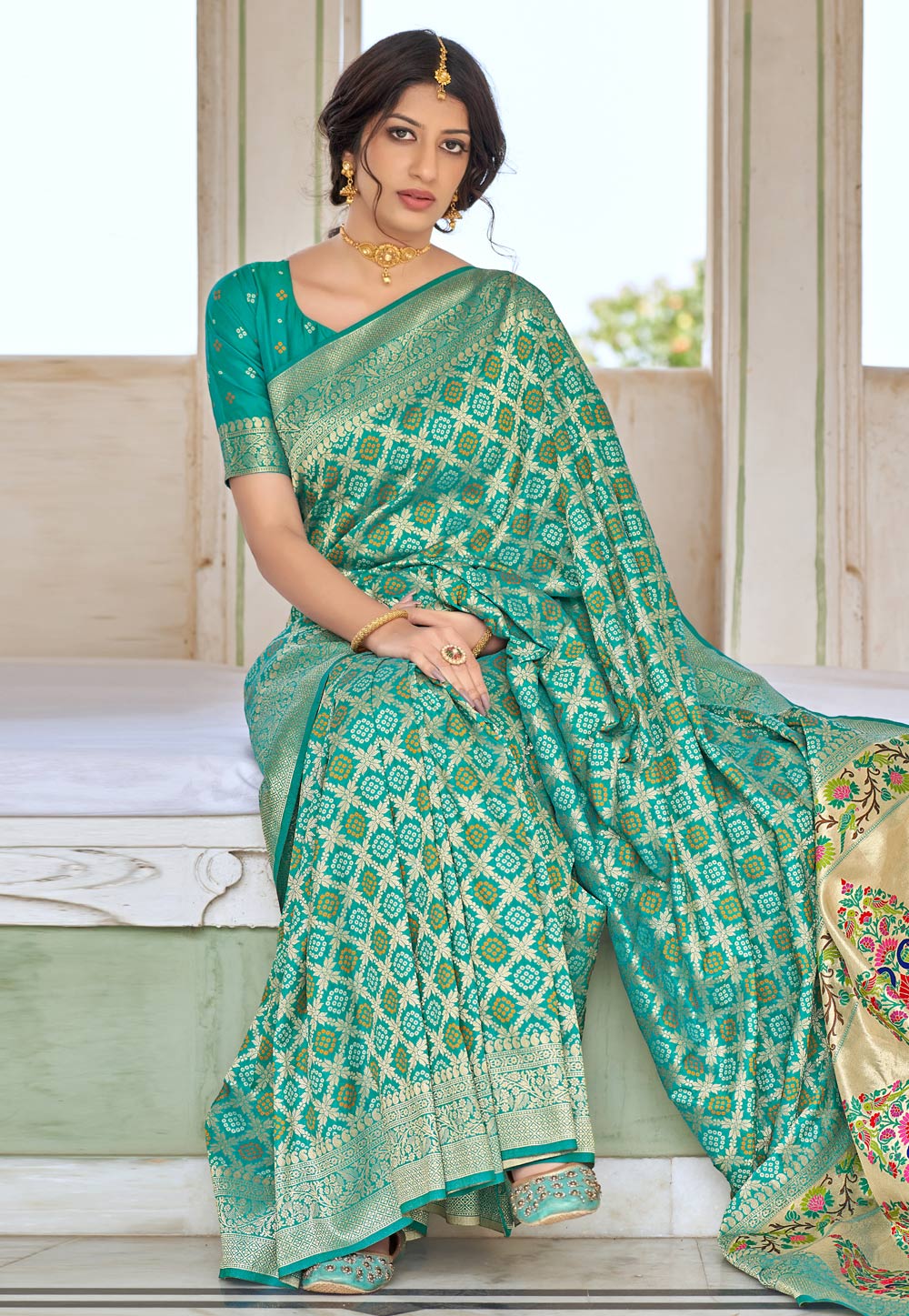Turquoise Banarasi Silk Festival Wear Saree 242795
