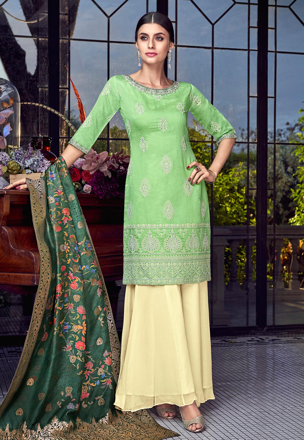 Light Green Silk Embroidered Sharara Suit 182594