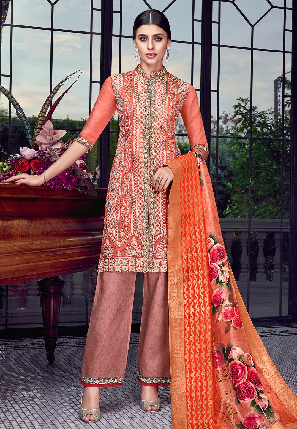 Peach Silk Embroidered Pant Style Suit 182595