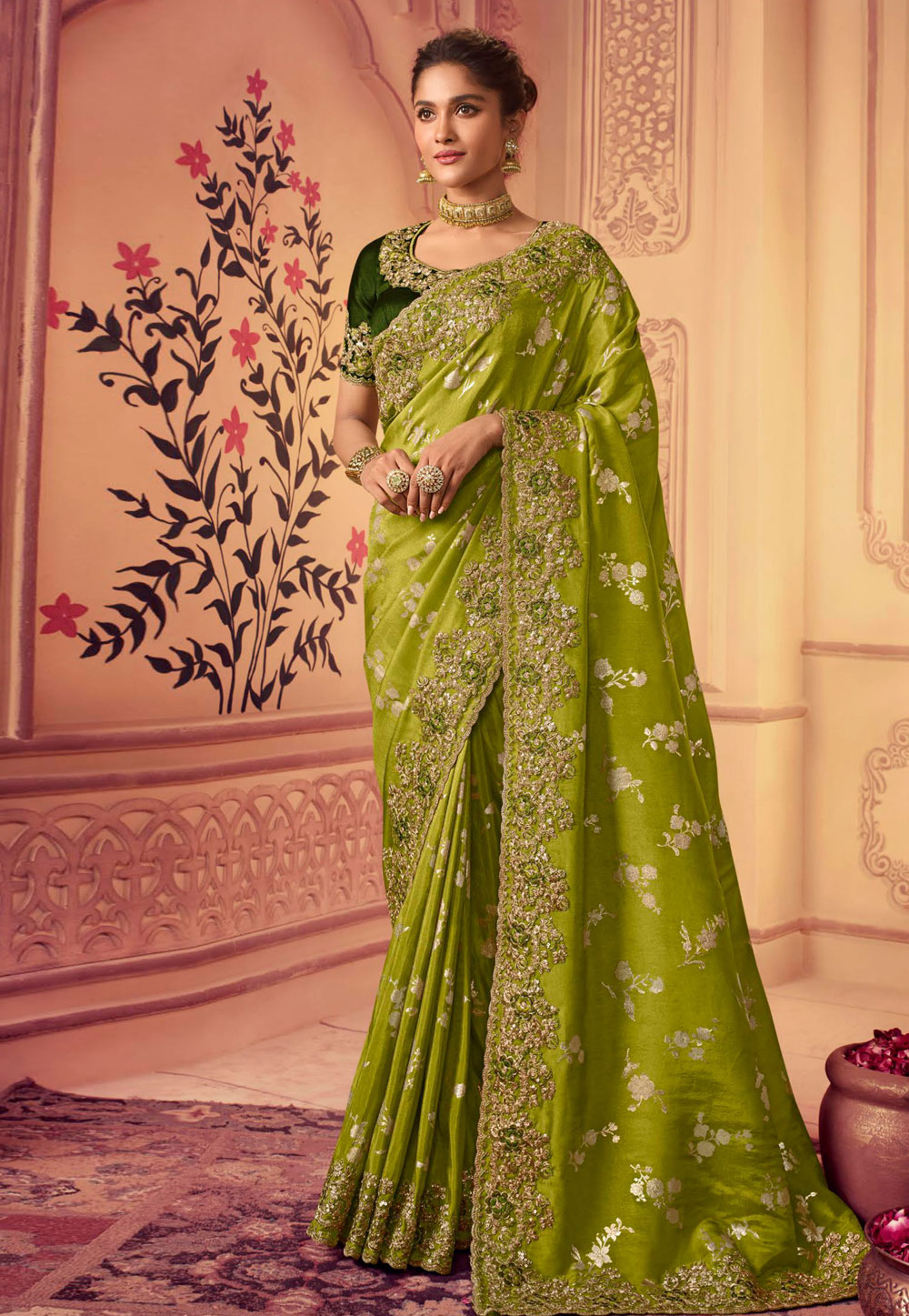 Light Green Chinon Saree With Blouse 265185