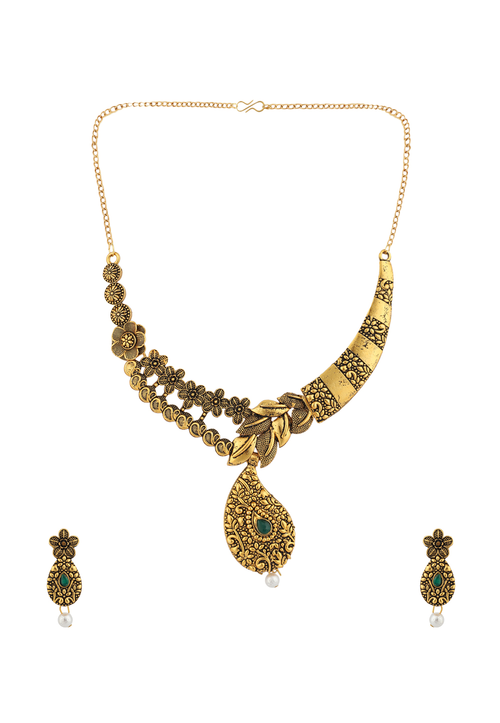 Green Alloy Necklace Set With Earrings 224614