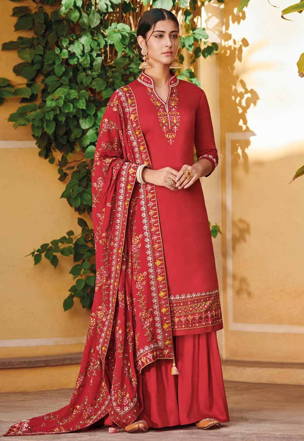 Red Silk Embroidered Kameez With Palazzo 170011