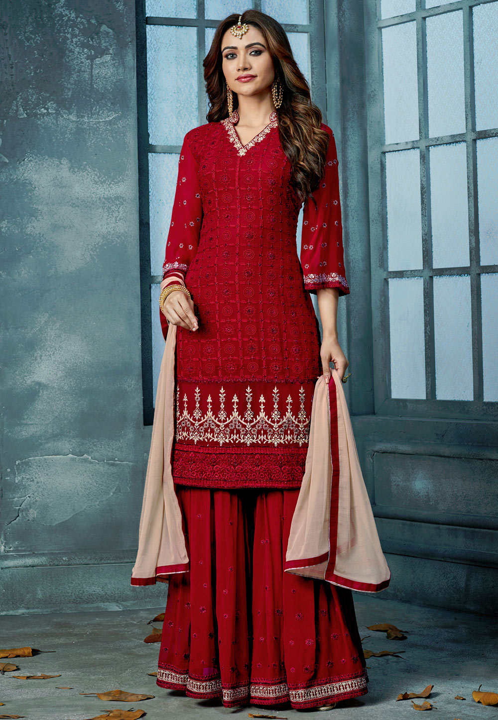 Red Georgette Sharara Suit 163756
