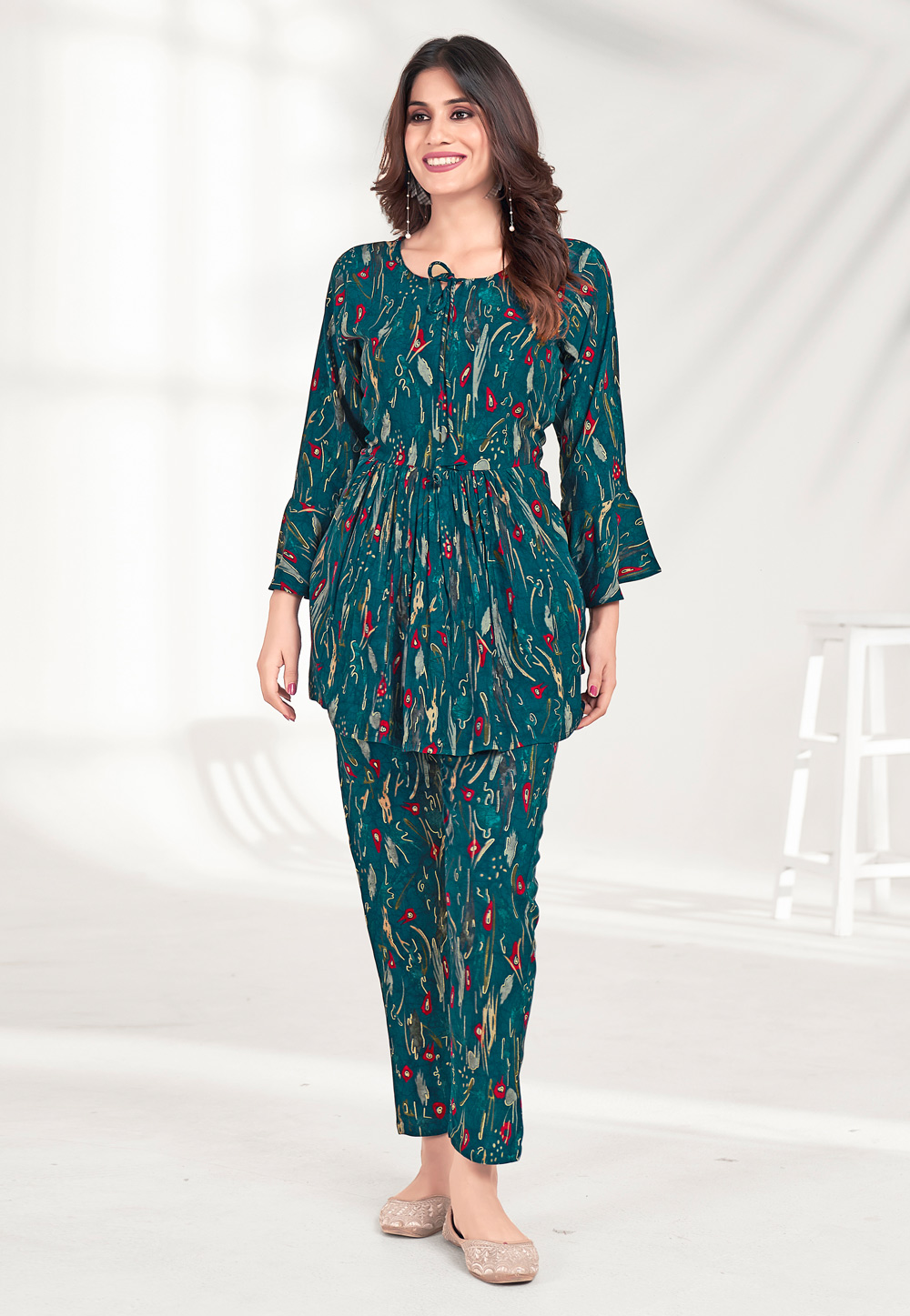 Teal Rayon Printed Co-Ords Set 275536