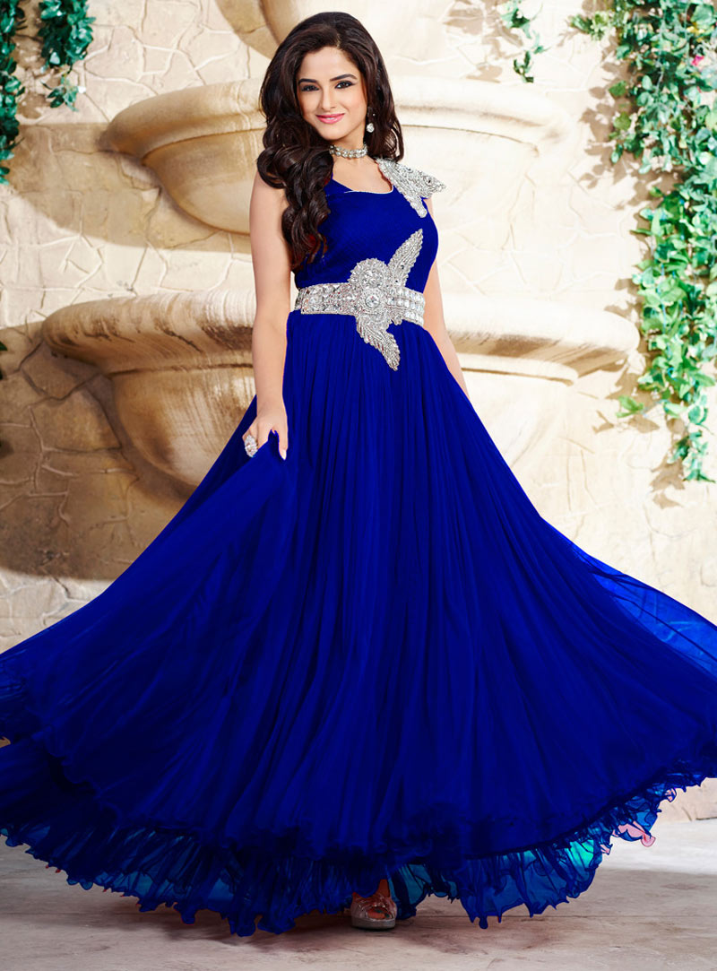 Blue Pure Satin Ankle Length Gown 58106