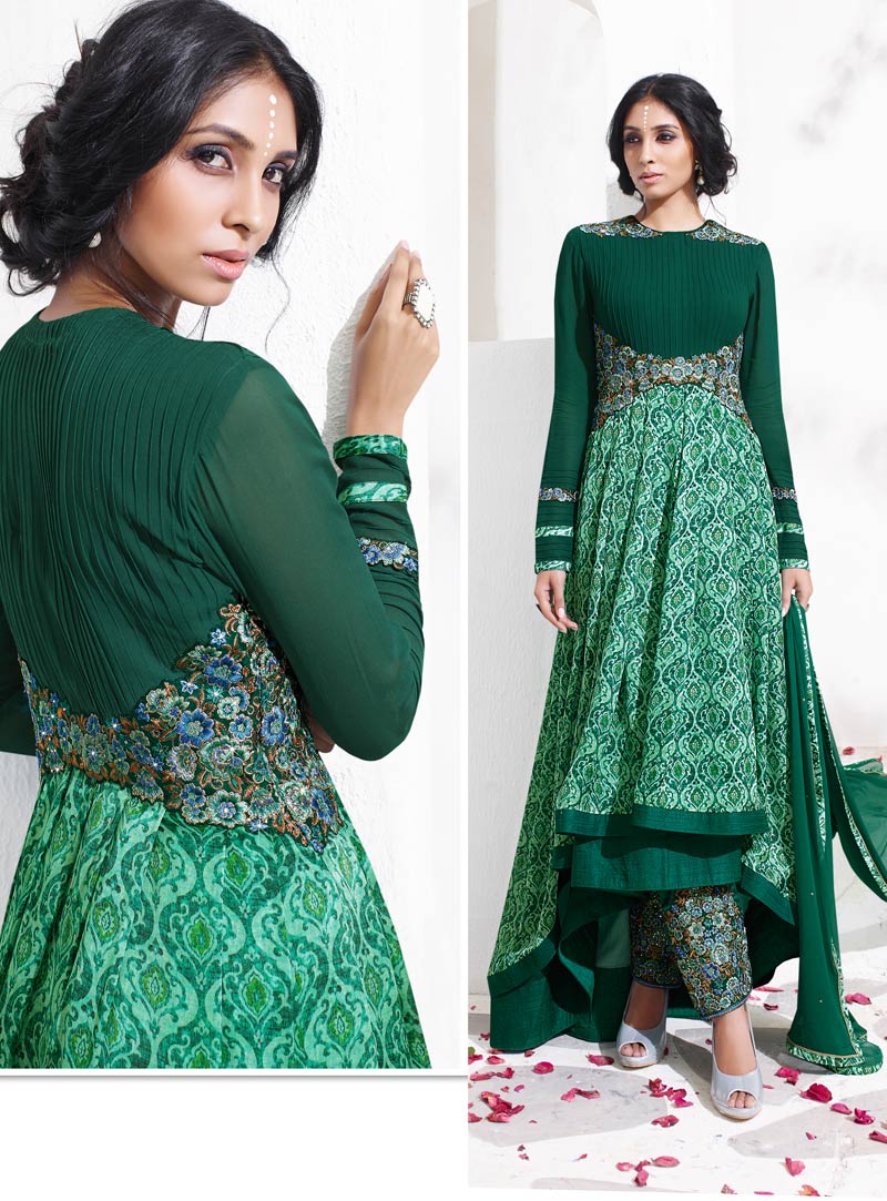 Green Satin Georgette Designer Anarkali Suit 78035