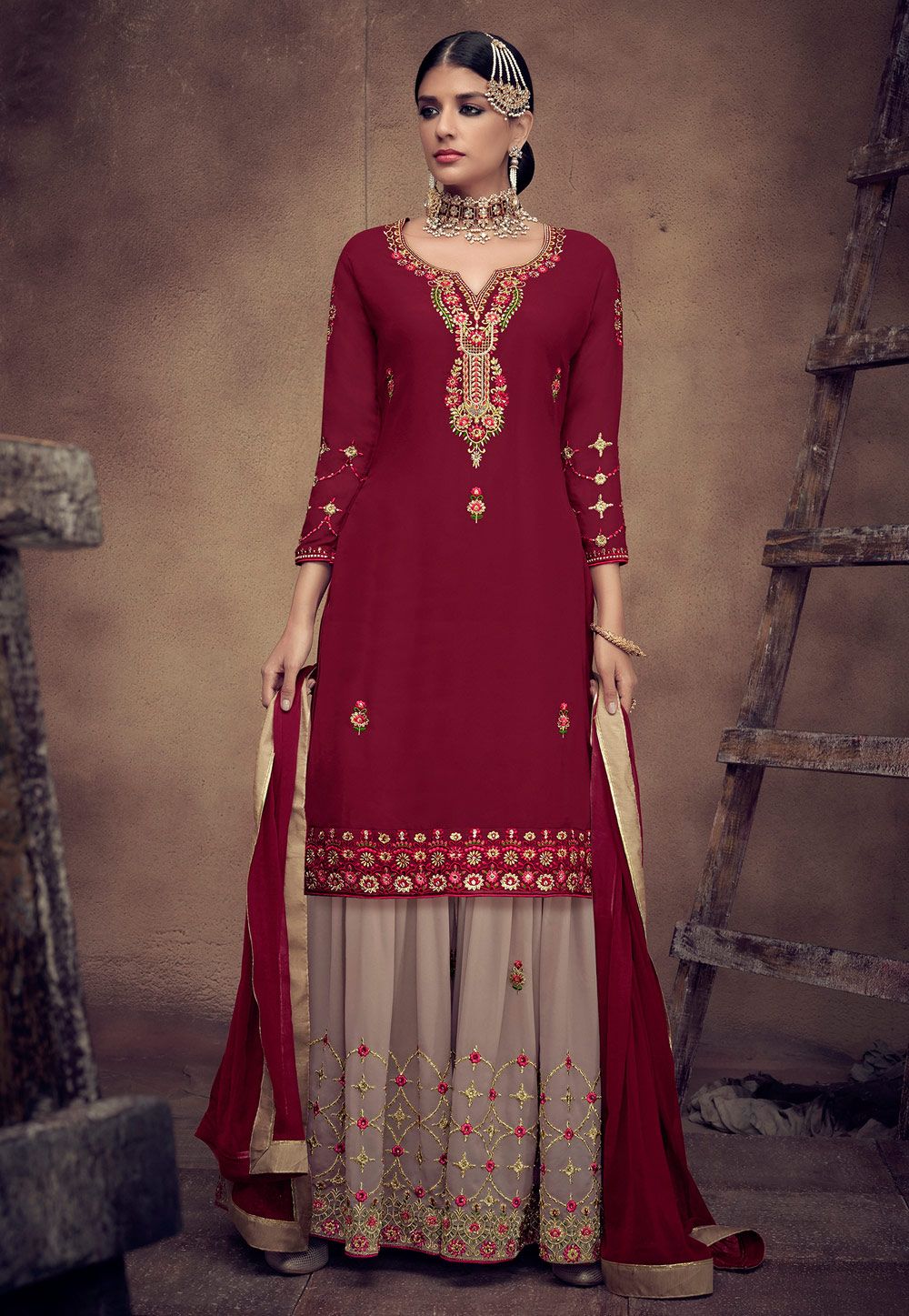 Maroon Georgette Embroidered Sharara Suit 182242