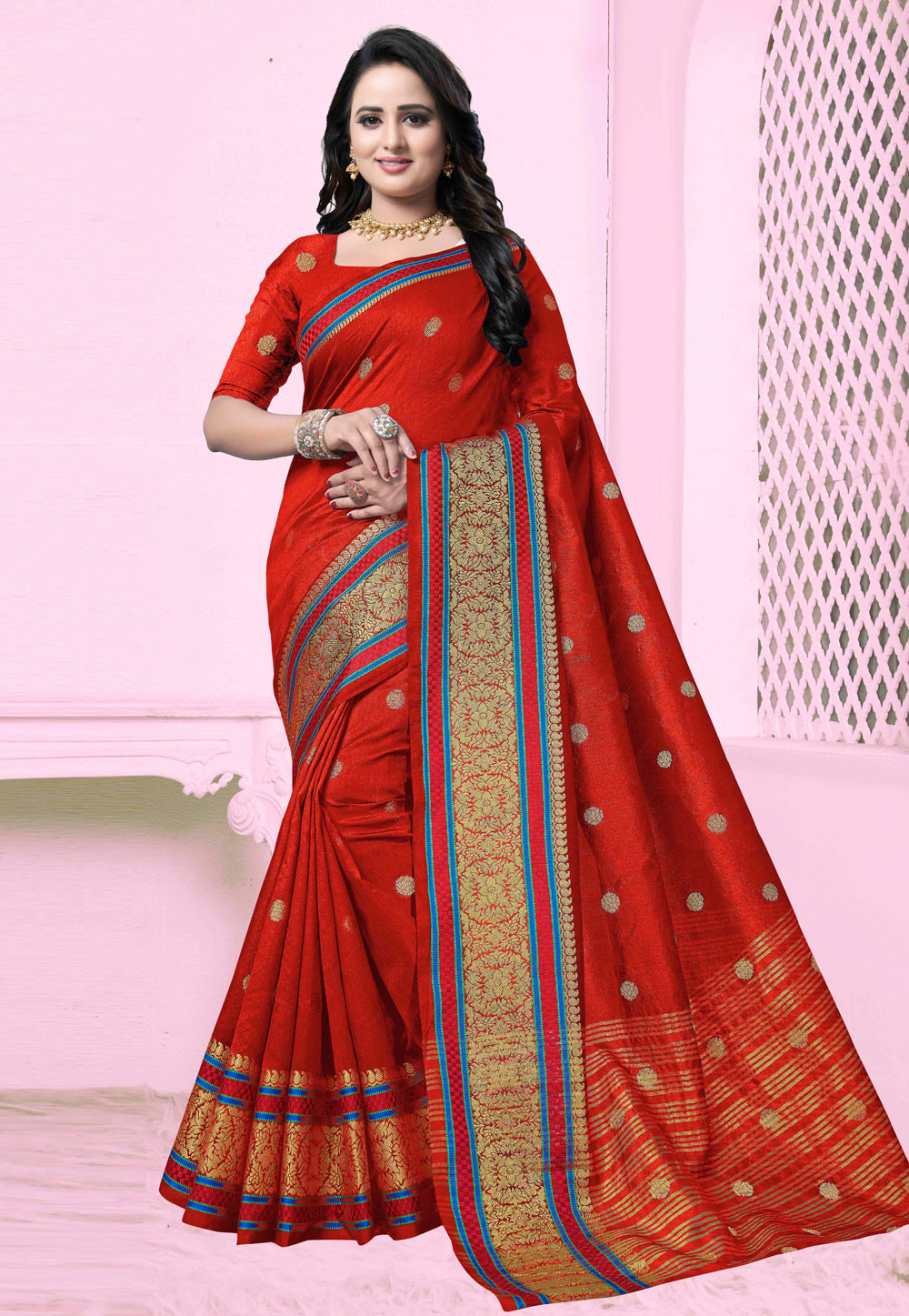 Red Banarasi Silk Saree With Blouse 220161