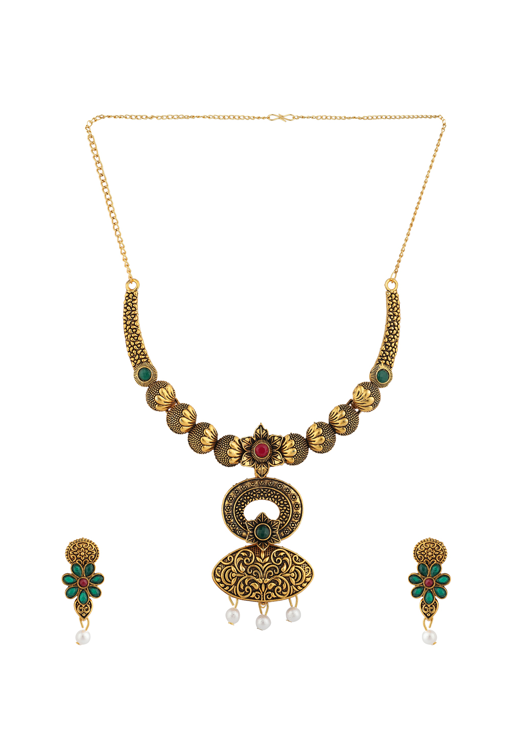 Green Alloy Necklace Set With Earrings 224617