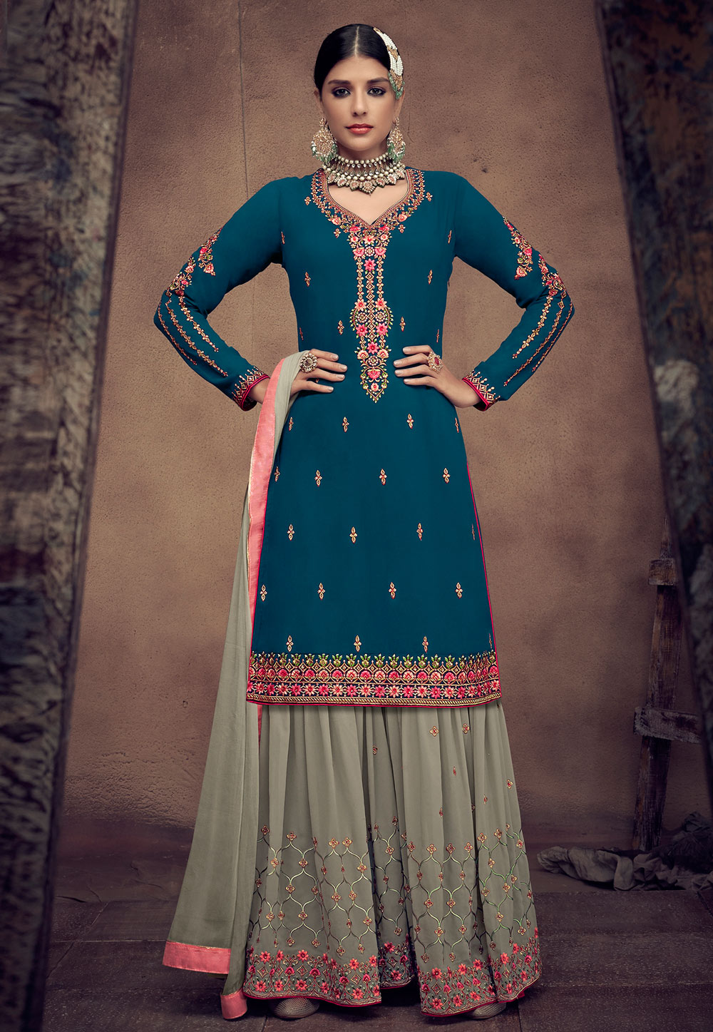 Blue Georgette Embroidered Sharara Suit 182243