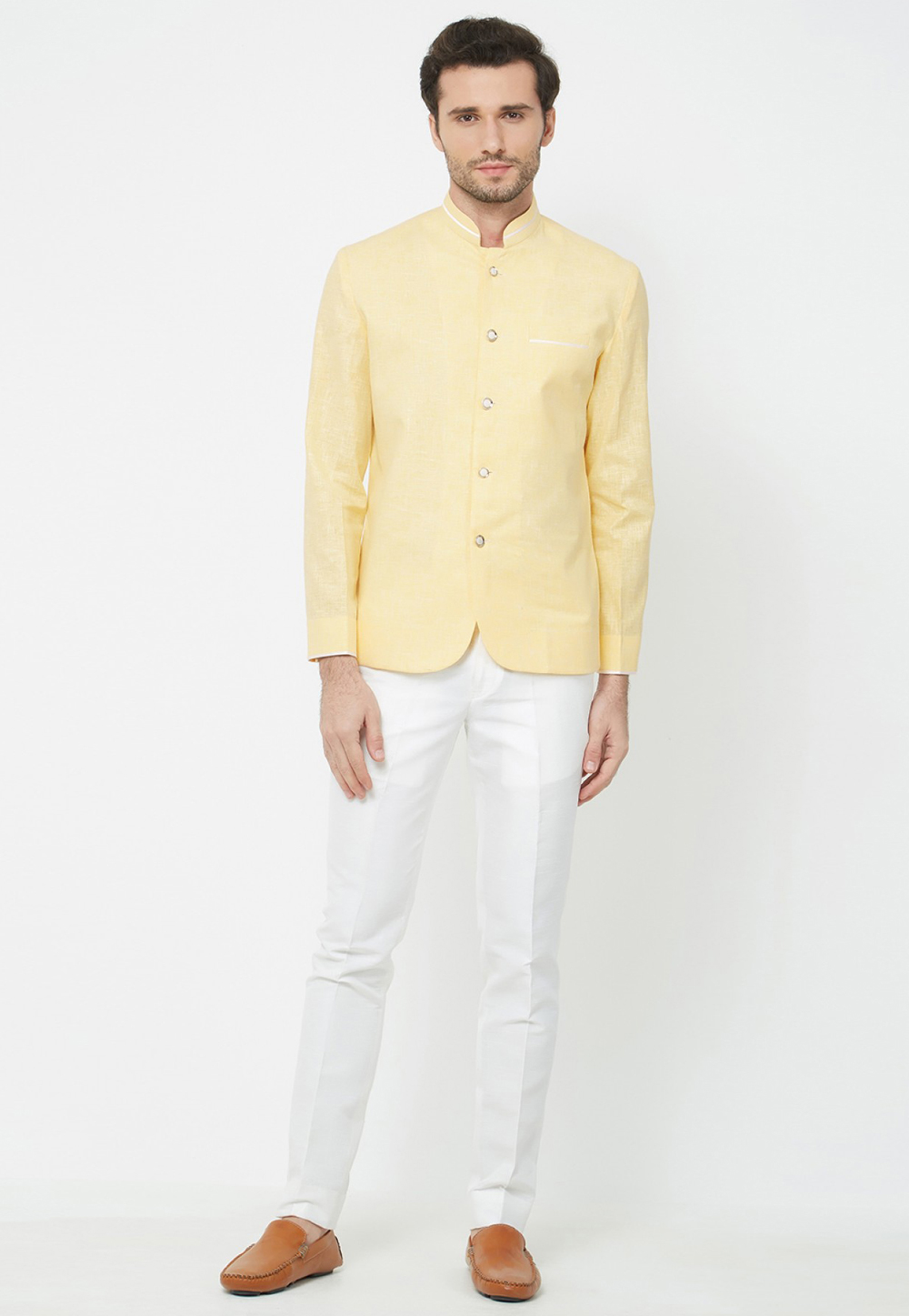 Yellow Linen Jodhpuri Suit 231108