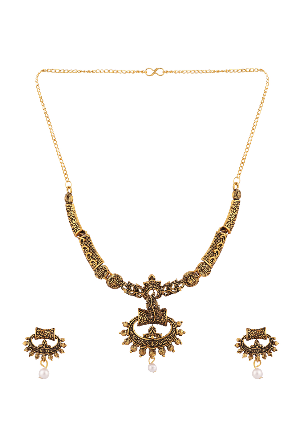 Golden Alloy Necklace Set With Earrings 224618
